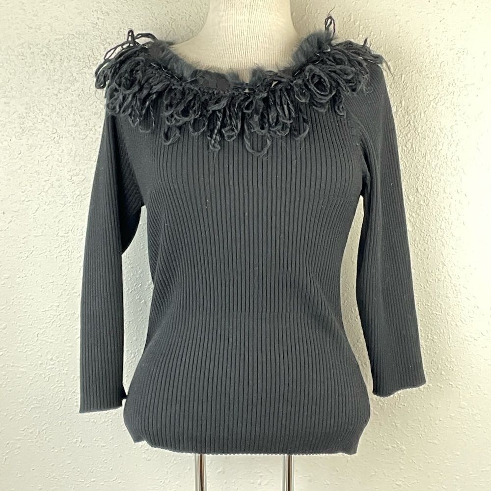 EUC Multiples Womens Black 3/4 Sleeve Top with Fringe and Sequins at Top Size M